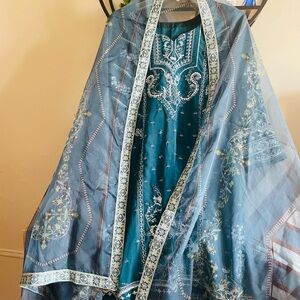 Pakistani Elegant Teal Embroidered Long Sleeve Dress